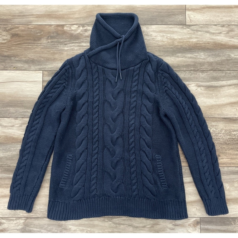 LL Bean Sweater Women L Navy Blue Signature Cotton Funnel Neck Fisherman Cable